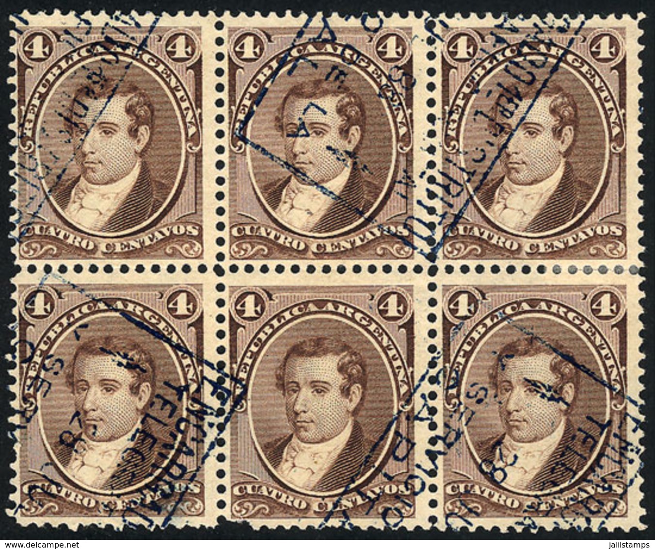 ARGENTINA: GJ.36, 4c. Moreno, Block Of 6 With Expedicion Or Bulk Mail Cancellation, VF Quality! - Altri & Non Classificati