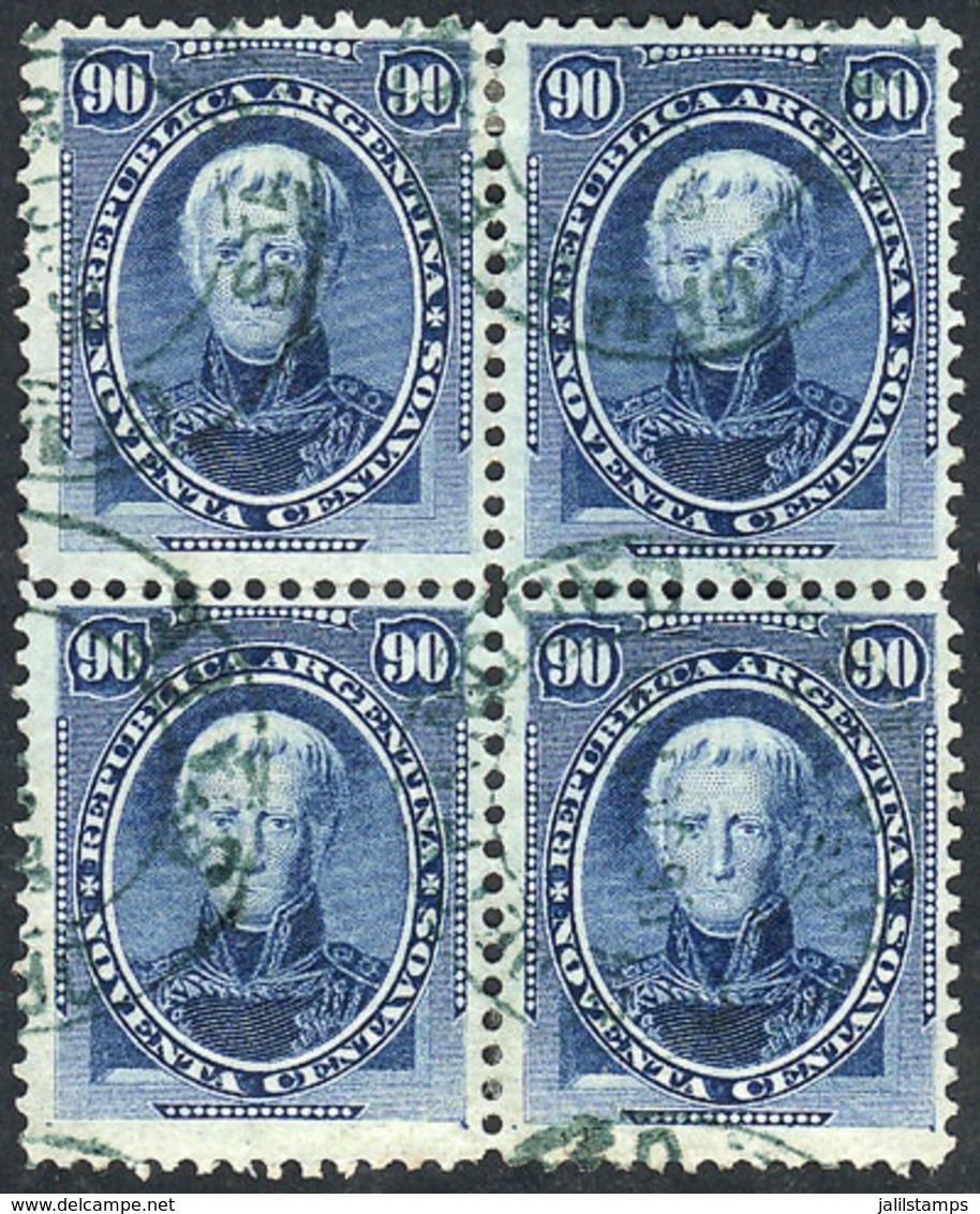 ARGENTINA: GJ.44, 1867 90c. Saavedra, Block Of 4 With Blue Cancel "Oficina De Franqueo - Santa Fe", Excellent Quality!" - Other & Unclassified