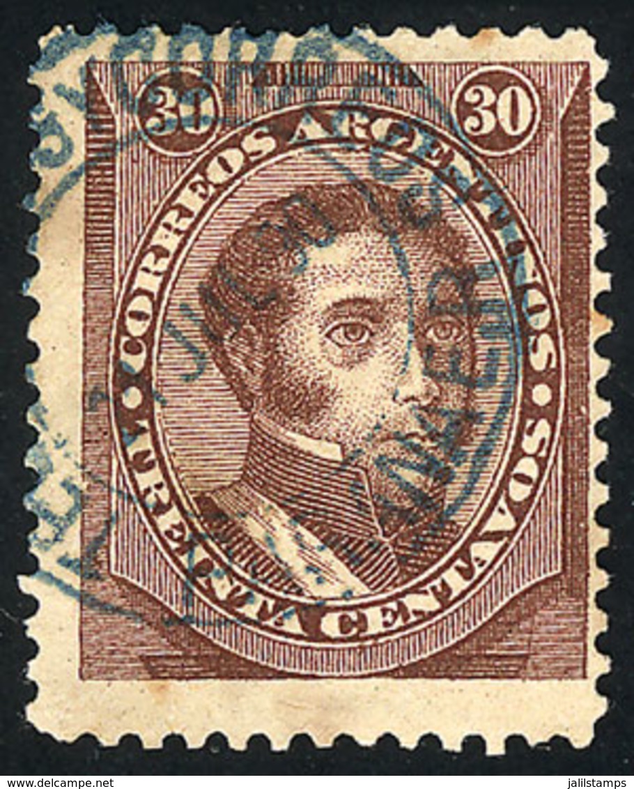 ARGENTINA: GJ.91A, 30c. Dorrego, In The Rare REDISH CHOCOLATE Color, With Blue Datestamp Of PARANÁ, Very Nice! - Autres & Non Classés