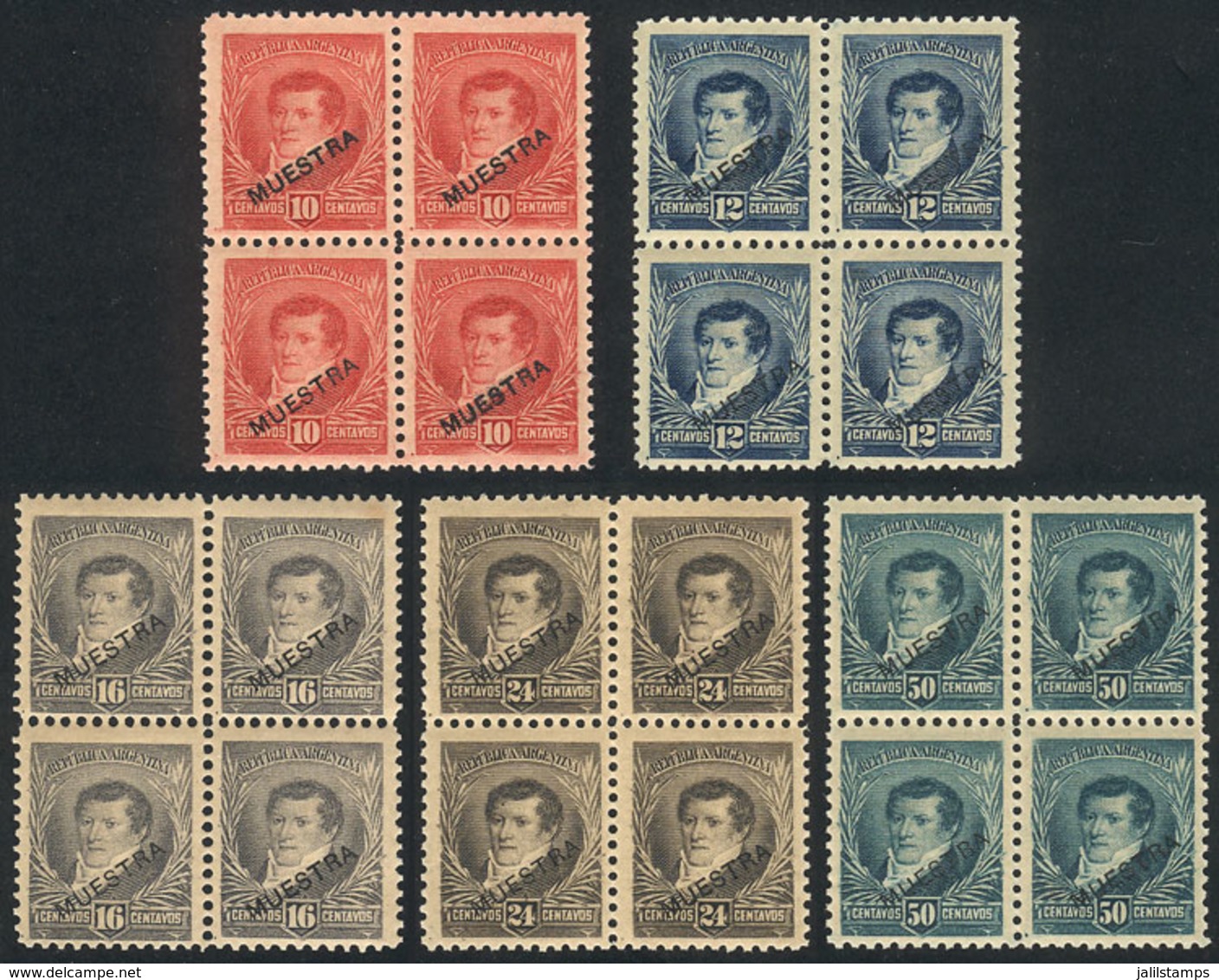 ARGENTINA: GJ.143 + Other Values, 5 Blocks Of 4 Of The Set With MUESTRA Ovpt., All MNH And Of Superb Quality! - Other & Unclassified