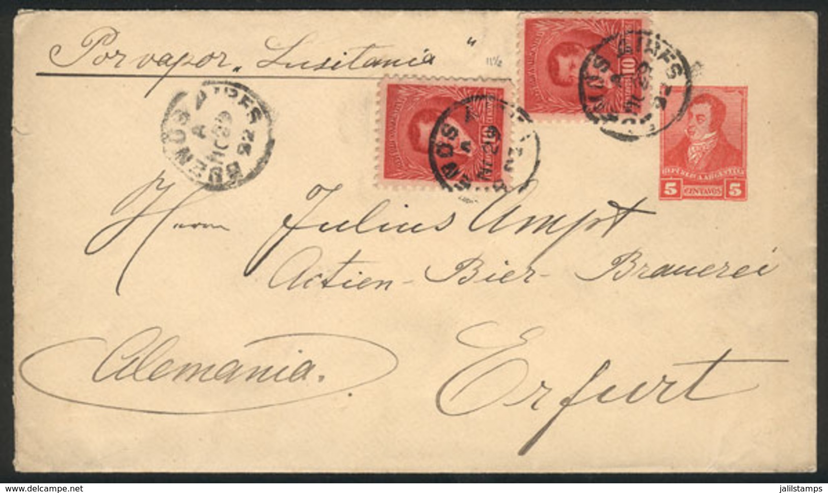 ARGENTINA: GJ.143, 2 Examples On A 5c. Stationery Envelope (total Postage 25c.) Sent To Germany On 29/NO/1892 "by Steame - Other & Unclassified