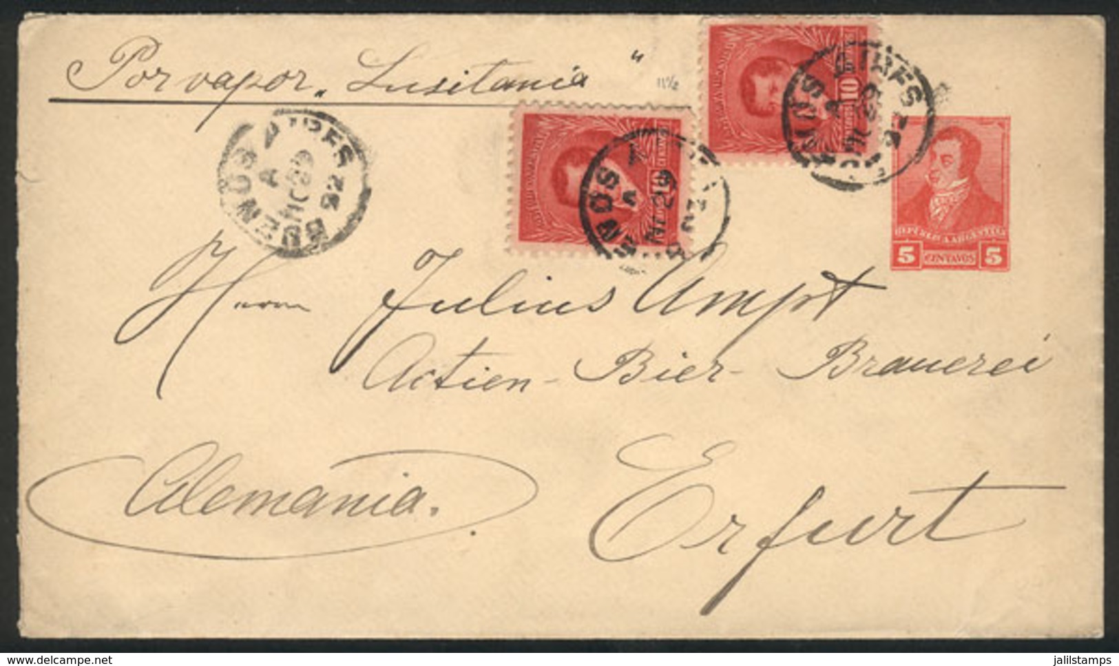 ARGENTINA: GJ.143, 2 Examples On A 5c. Stationery Envelope (total Postage 25c.) Sent To Germany On 29/NO/1892 "by Steame - Otros & Sin Clasificación