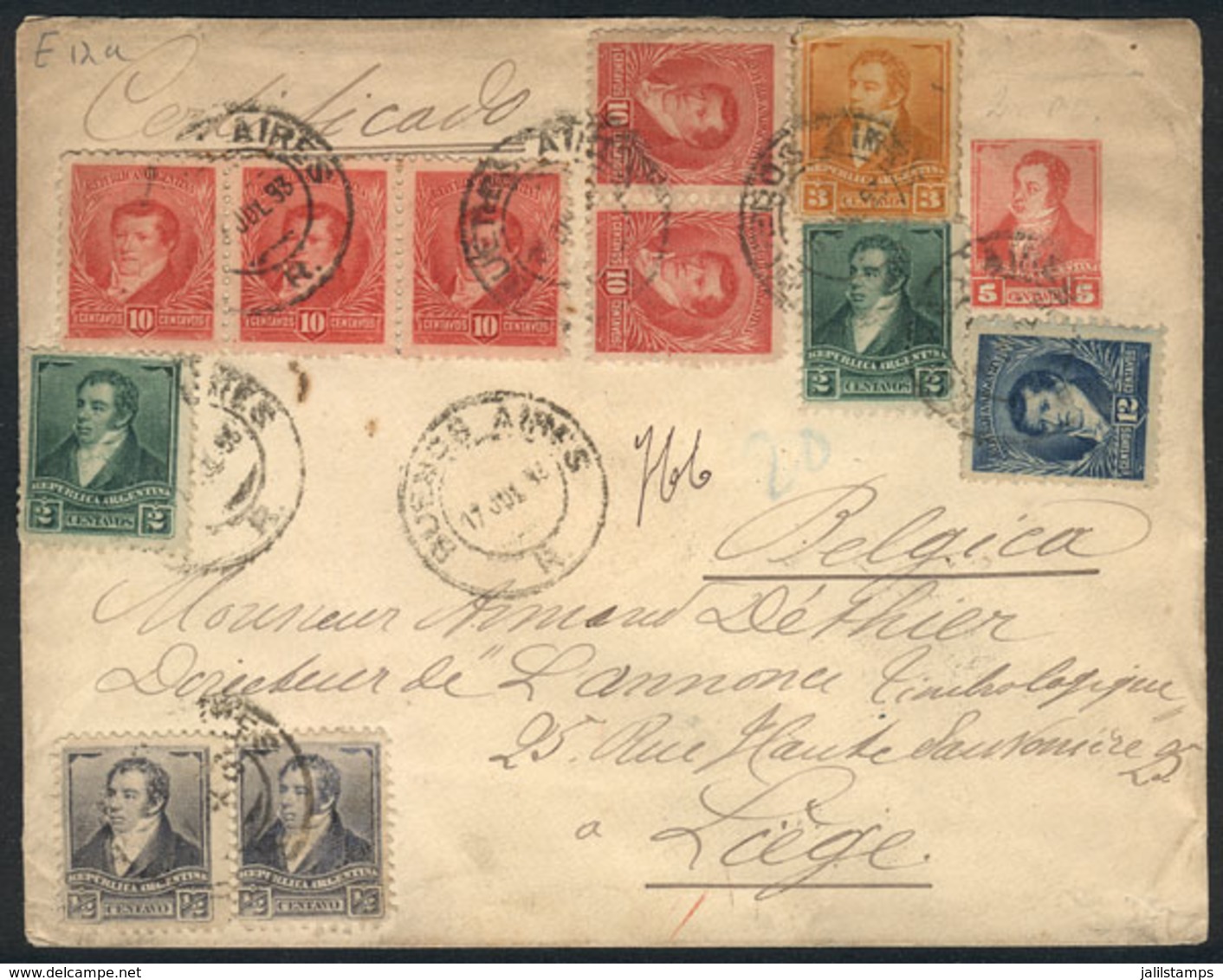 ARGENTINA: 5c. Rivadavia PS Cover  + GJ.137 Pair + 139 X2 + 140 + 143 X5 + 144, Sent Registered From Buenos Aires To Bel - Autres & Non Classés