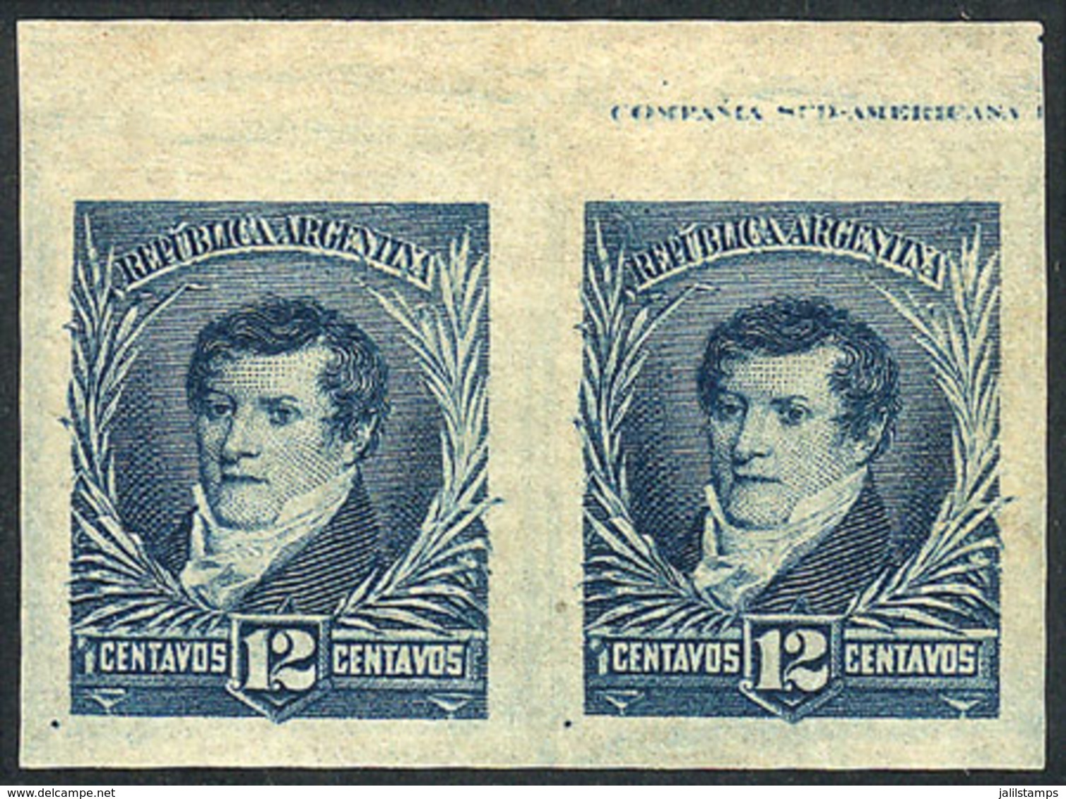 ARGENTINA: GJ.144P, Spectacular IMPERFORATE PAIR With Top Sheet Margin, Tiny Hinge Mark, Excellent! - Autres & Non Classés