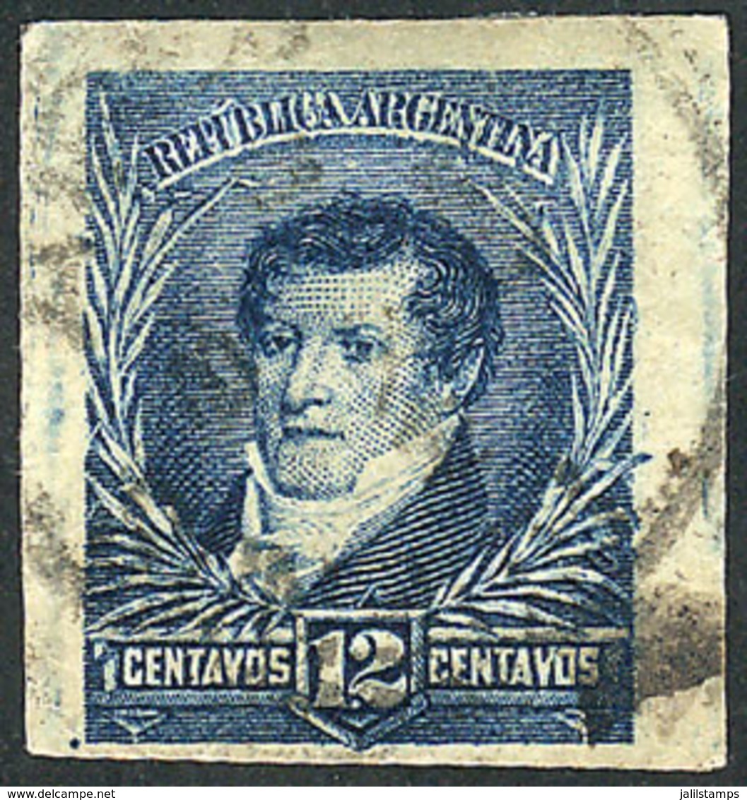 ARGENTINA: GJ.144P, 12c. Blue With Small Sun Wmk, IMPERFORATE, Used, VF Quality, Rare! - Other & Unclassified