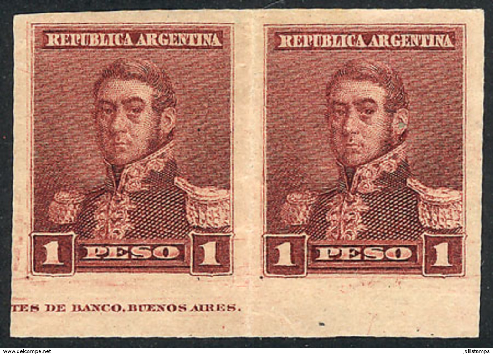 ARGENTINA: GJ.148P, 1892 1P. San Martín, IMPERFORATE PAIR, Issued Without Gum, VF And Rare! - Other & Unclassified