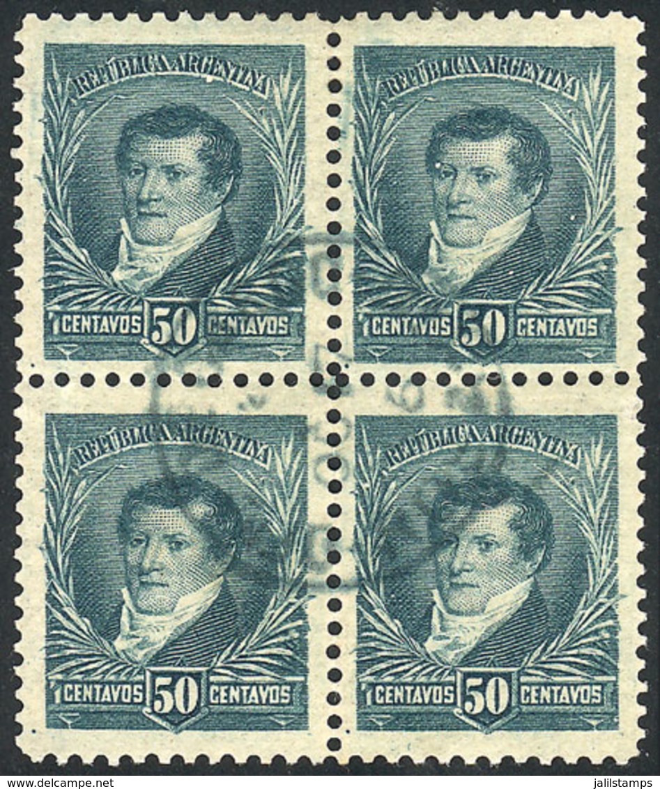 ARGENTINA: GJ.171, Very Rare Block Of 4 Of 50c. Belgrano With Small Sun Wmk And COMPOUND PERF GJ.171, Postally Used, Sup - Otros & Sin Clasificación