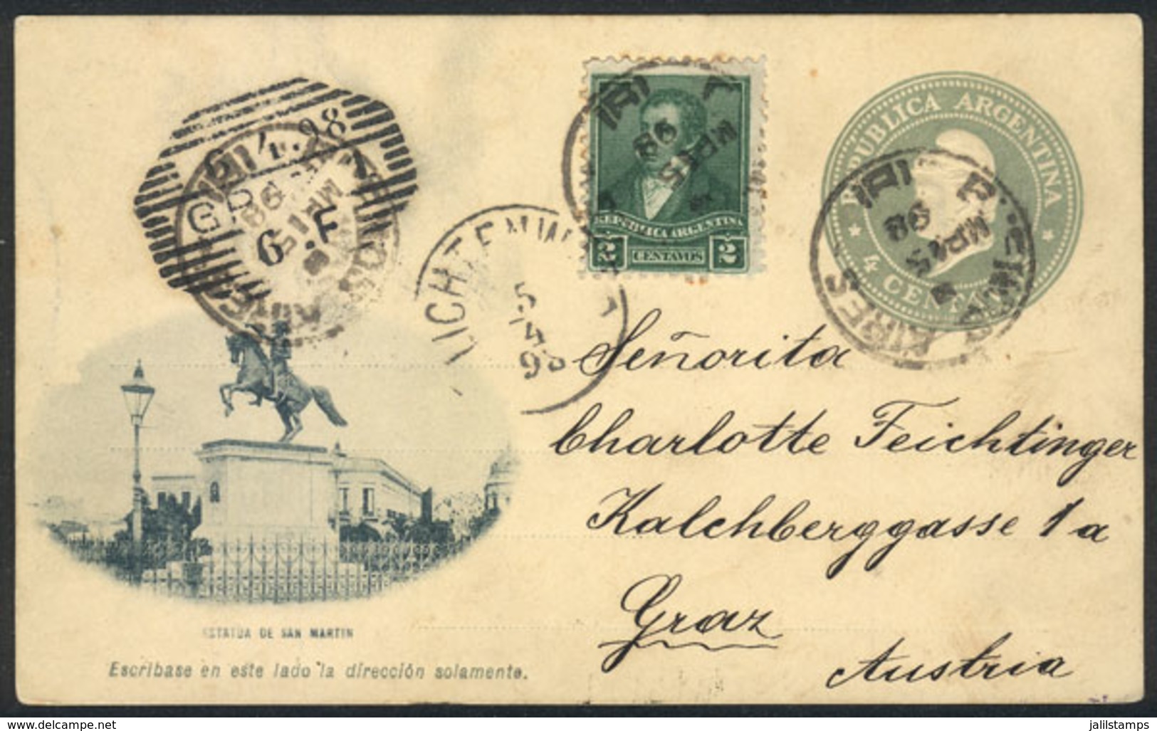 ARGENTINA: GJ.176 On A 4c. Liberty PS Card Ilustrated (San Martín Monument), Sent On 15/MAR/1898 From B.Aires To Austria - Sonstige & Ohne Zuordnung