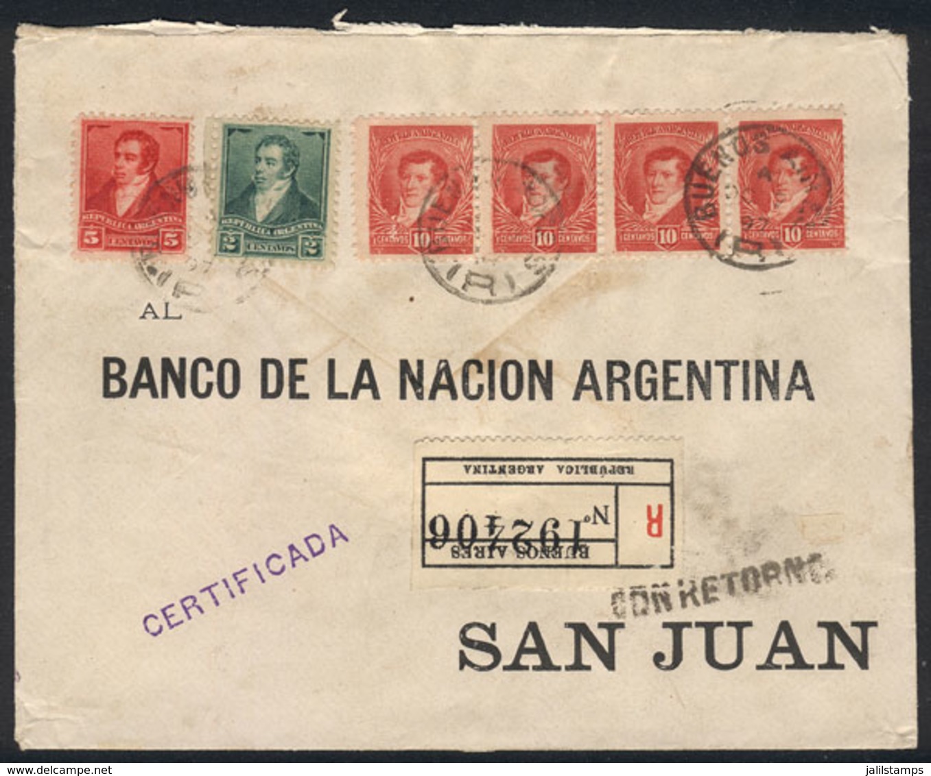 ARGENTINA: GJ.179 Strip X4 + 176 + 178 (totalling 47c.) Franking A Registered Cover Sent From Buenos Aires To San Juan O - Autres & Non Classés
