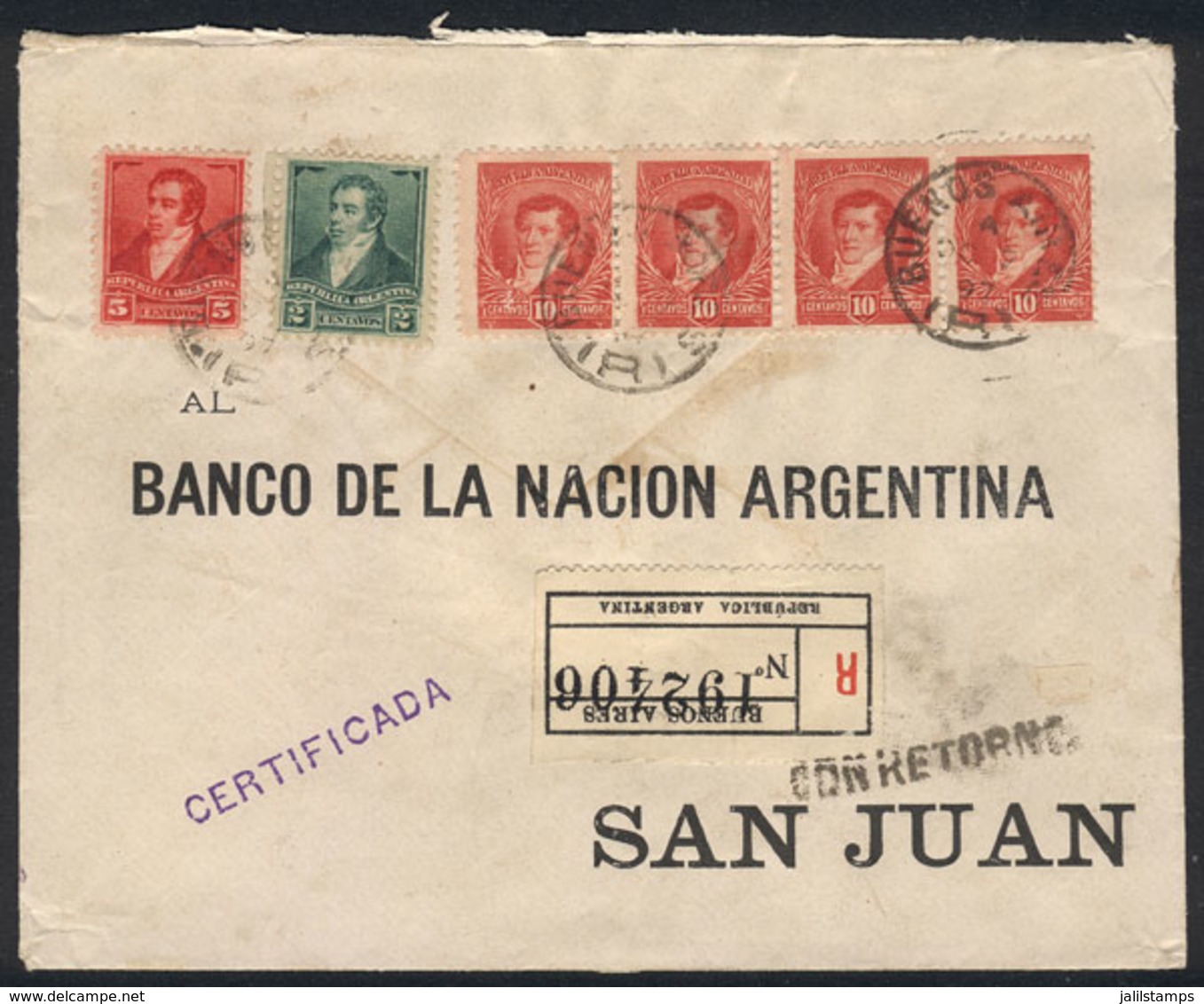 ARGENTINA: GJ.179 Strip X4 + 176 + 178 (totalling 47c.) Franking A Registered Cover Sent From Buenos Aires To San Juan O - Otros & Sin Clasificación