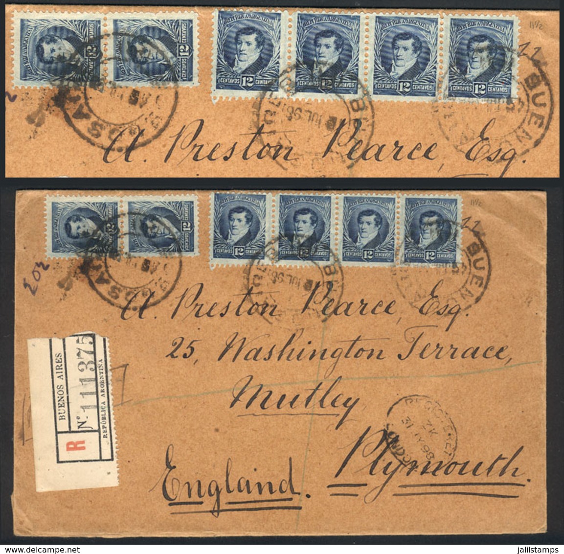 ARGENTINA: GJ.180, 6 Examples (total 72c.) Franking A Registered Cover Sent From Buenos Aires To England On 4/JUL/1898,  - Sonstige & Ohne Zuordnung