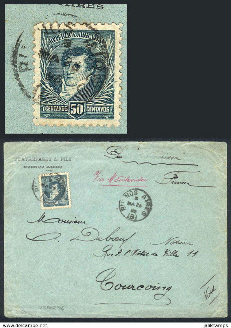 ARGENTINA: GJ.184, 50c. Belgrano Franking ALONE A Cover Sent From Buenos Aires To France On 25/MAR/1896, Arrival Backsta - Sonstige & Ohne Zuordnung