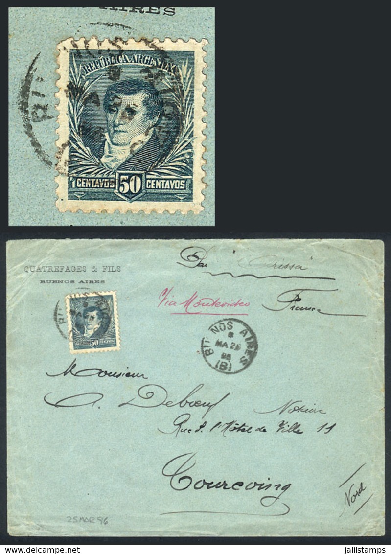 ARGENTINA: GJ.184, 50c. Belgrano Franking ALONE A Cover Sent From Buenos Aires To France On 25/MAR/1896, Arrival Backsta - Otros & Sin Clasificación