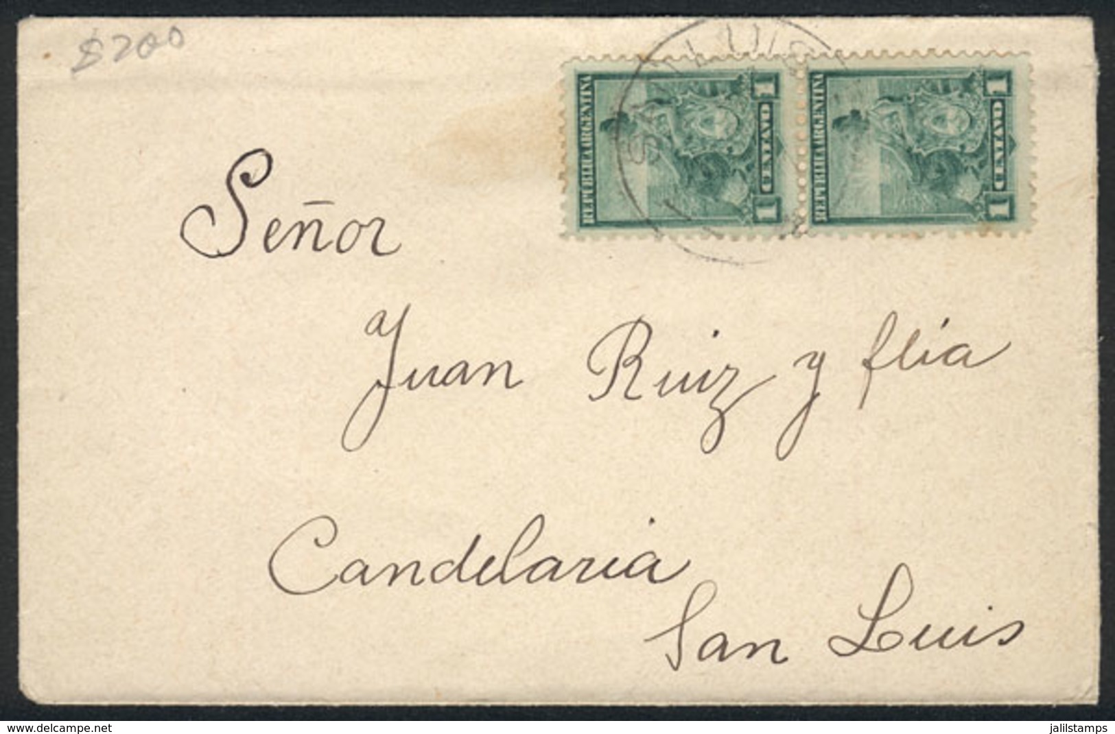 ARGENTINA: GJ.218 Pair Franking A Small Cover Sent Open From San Luis To Candelaria In 1901, VF, Rare Rate Of 2c.! - Autres & Non Classés