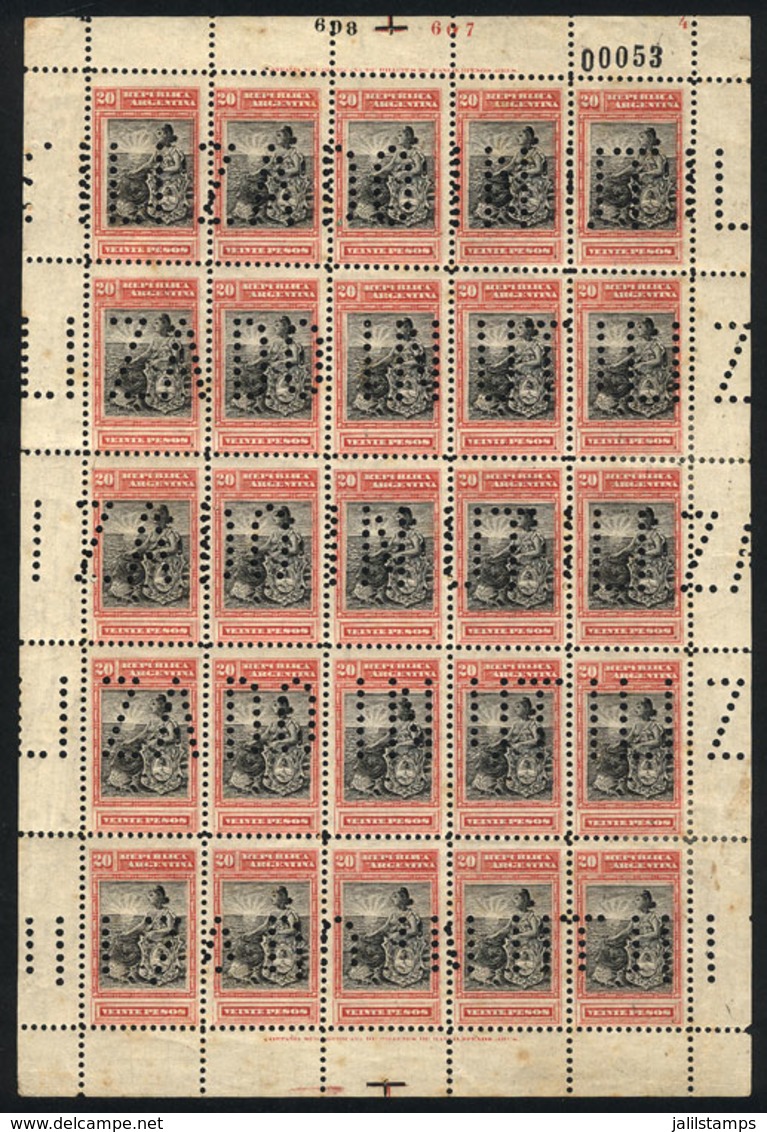 ARGENTINA: GJ.238O, 1899 20P. Seated Liberty, Complete Sheet Of 25 With Bulk Mail "INUTILIZADO" Punch Cancel, Stained Gu - Autres & Non Classés