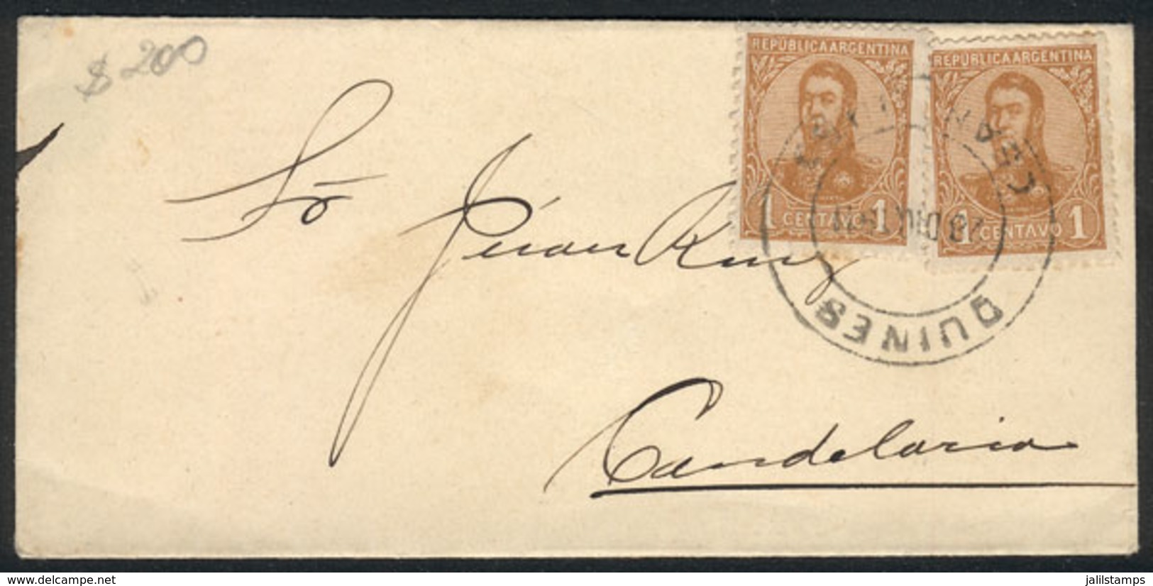 ARGENTINA: GJ.276 X2 Franking A Small Cover Sent Open From QUINES (San Luis) To Candelaria On 28/DE/1911, VF, Rare Cance - Other & Unclassified