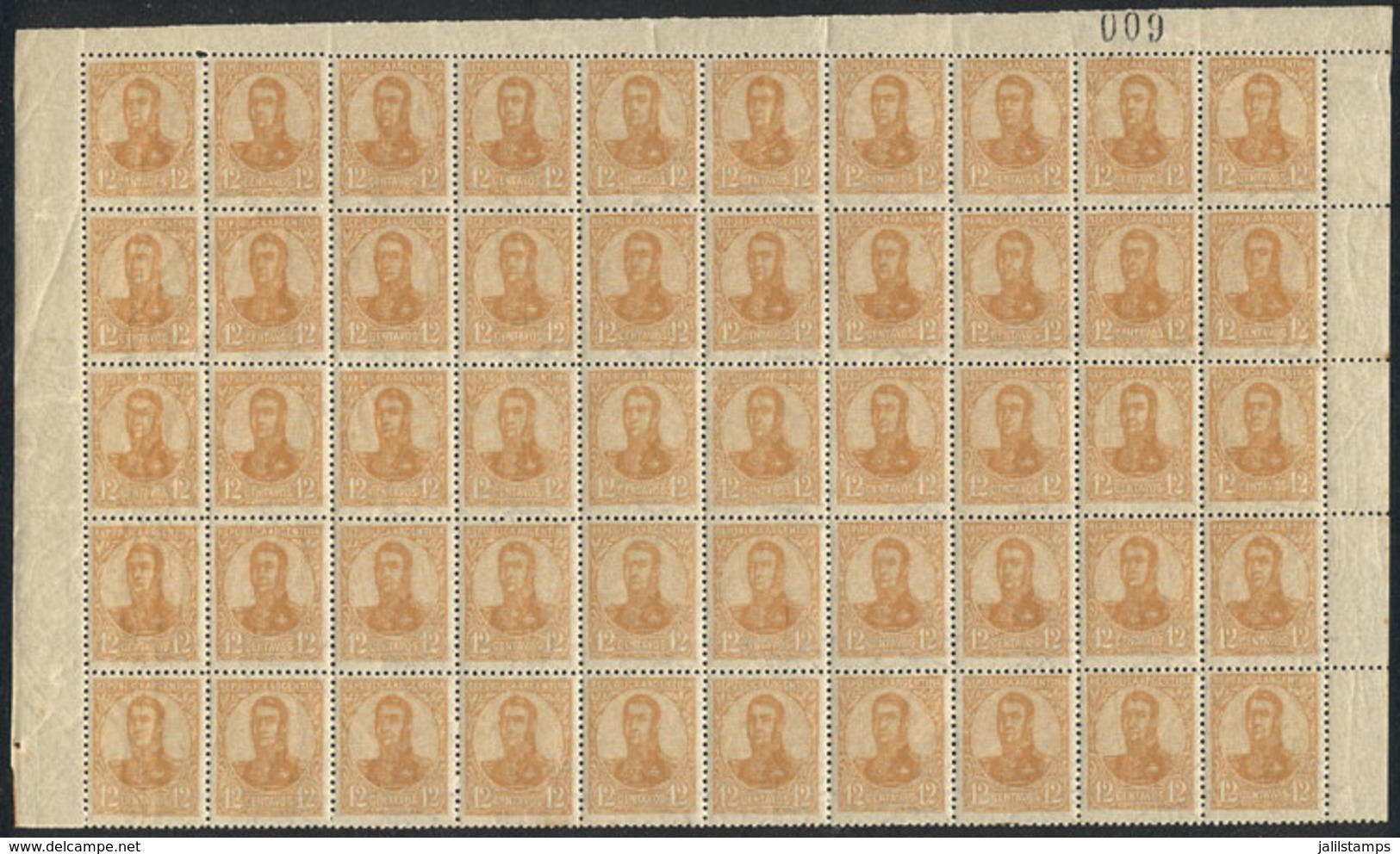 ARGENTINA: GJ.294, 1908 San Martín In Oval 12c. Orange, Top Half Of A Sheet Of 100, Unmounted, Excellent Quality, Catalo - Autres & Non Classés