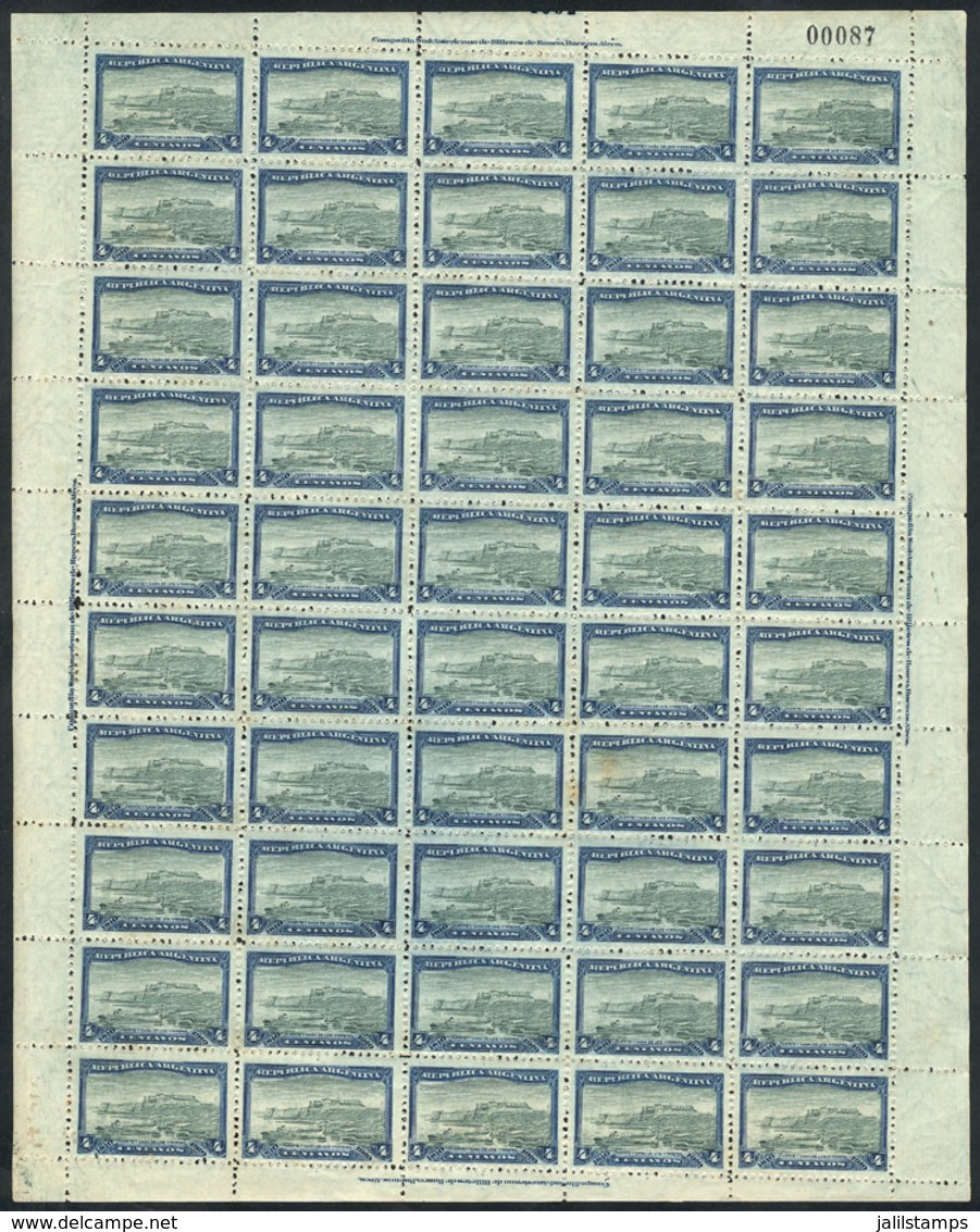 ARGENTINA: GJ.304, 1910 4c. Fort, Complete Sheet Of 50 Stamps, Unmounted But With Some Stain Spots In Some Stamps, All T - Autres & Non Classés