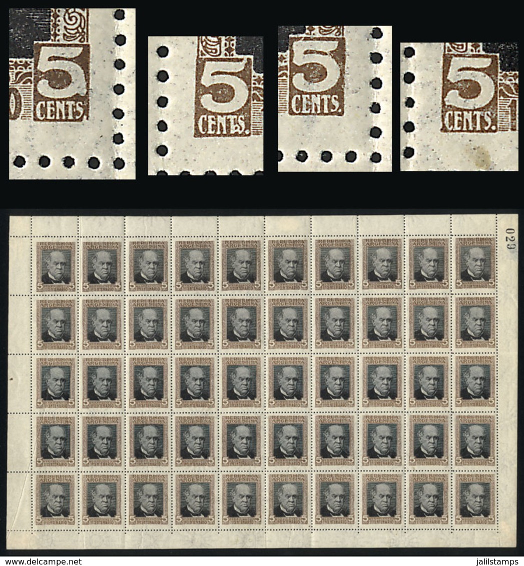 ARGENTINA: GJ.316, 1911 Sarmiento, Complete Sheet Of 50 With The 4 Most Popular Varieties: Left 5 With Serif" (position  - Altri & Non Classificati