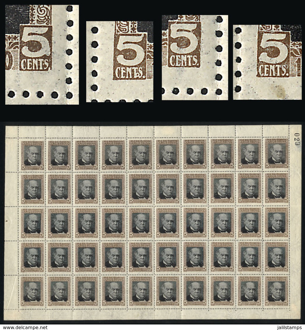 ARGENTINA: GJ.316, 1911 Sarmiento, Complete Sheet Of 50 With The 4 Most Popular Varieties: Left 5 With Serif" (position  - Other & Unclassified