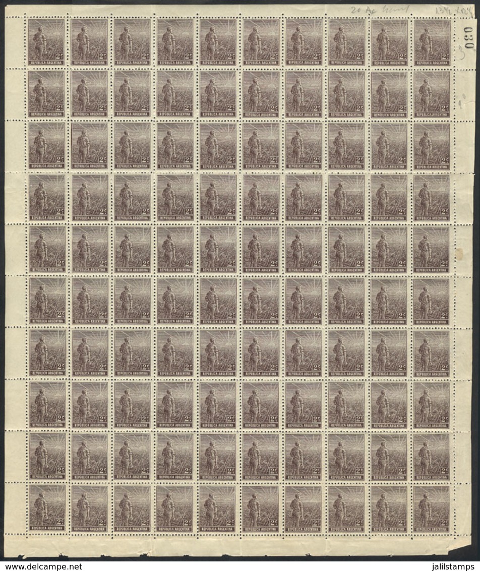 ARGENTINA: GJ.321, 1911 2c. Plowman, Sun Wity Wavy Rays Wmk, COMPLETE SHEET Of 100 Stamps (WITH VARIETY: Offset Impressi - Sonstige & Ohne Zuordnung