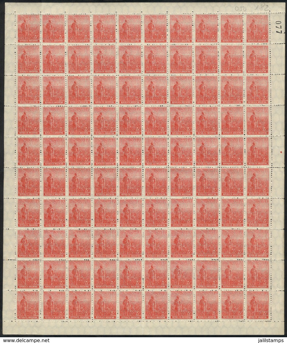 ARGENTINA: GJ.342, 1912 5c. Plowman, Vertical Honeycomb Wmk, German Paper, COMPLETE SHEET Of 100 Stamps, Unmounted, Very - Sonstige & Ohne Zuordnung