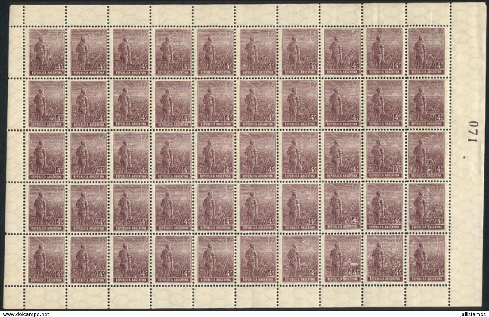 ARGENTINA: GJ.387, 1915 4c. Plowman, On Italian Paper With Horizontal Honeycomb Wmk, COMPLETE SHEET Of 50 Stamps, Unmoun - Other & Unclassified