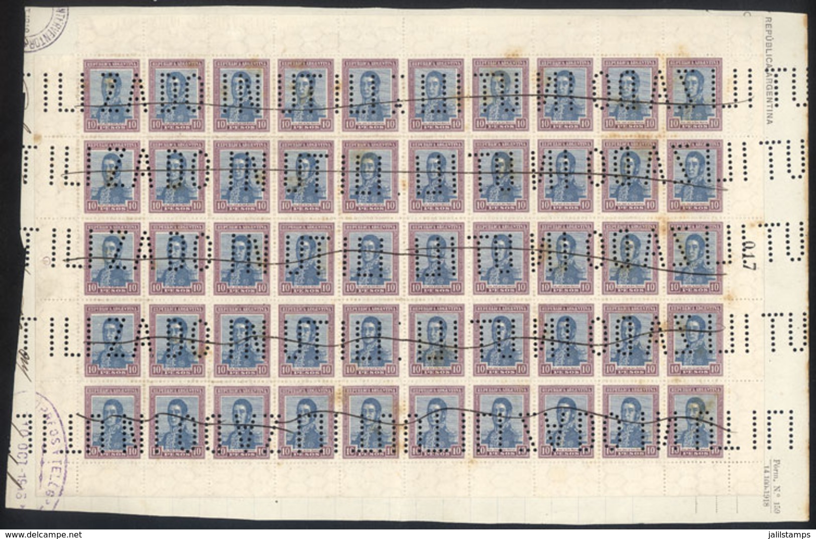 ARGENTINA: GJ.454O, 1917 10P. San Martín With Horizontal Honeycomb Wmk, Complete Sheet Of 50 Examples Glued To A Documen - Other & Unclassified