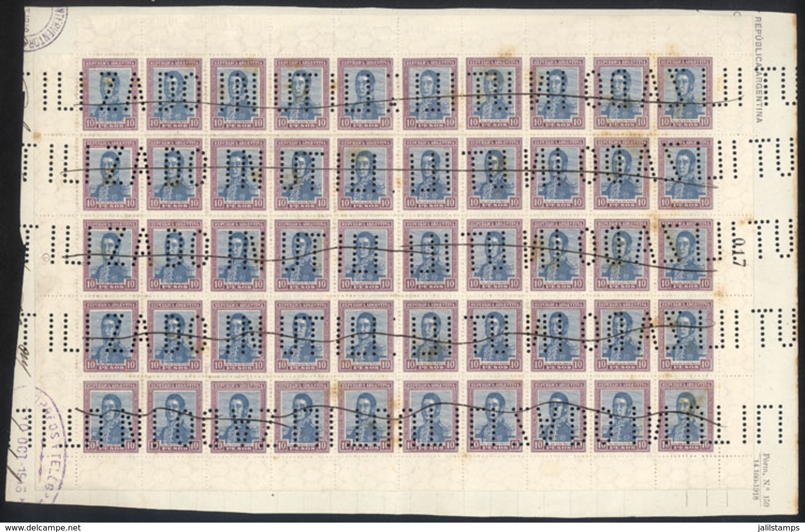 ARGENTINA: GJ.454O, 1917 10P. San Martín With Horizontal Honeycomb Wmk, Complete Sheet Of 50 Examples Glued To A Documen - Andere & Zonder Classificatie