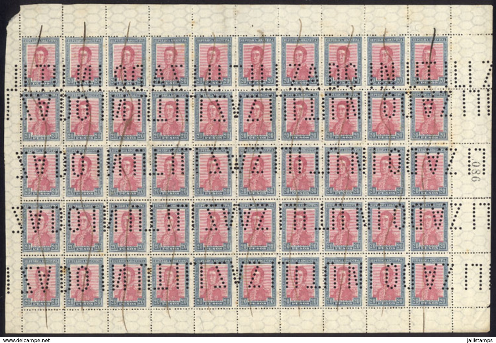 ARGENTINA: GJ.455O, 1917 20P. San Martín With Horizontal Honeycomb Wmk, Complete Sheet Of 50 Examples Punched  "INUTILIZ - Sonstige & Ohne Zuordnung