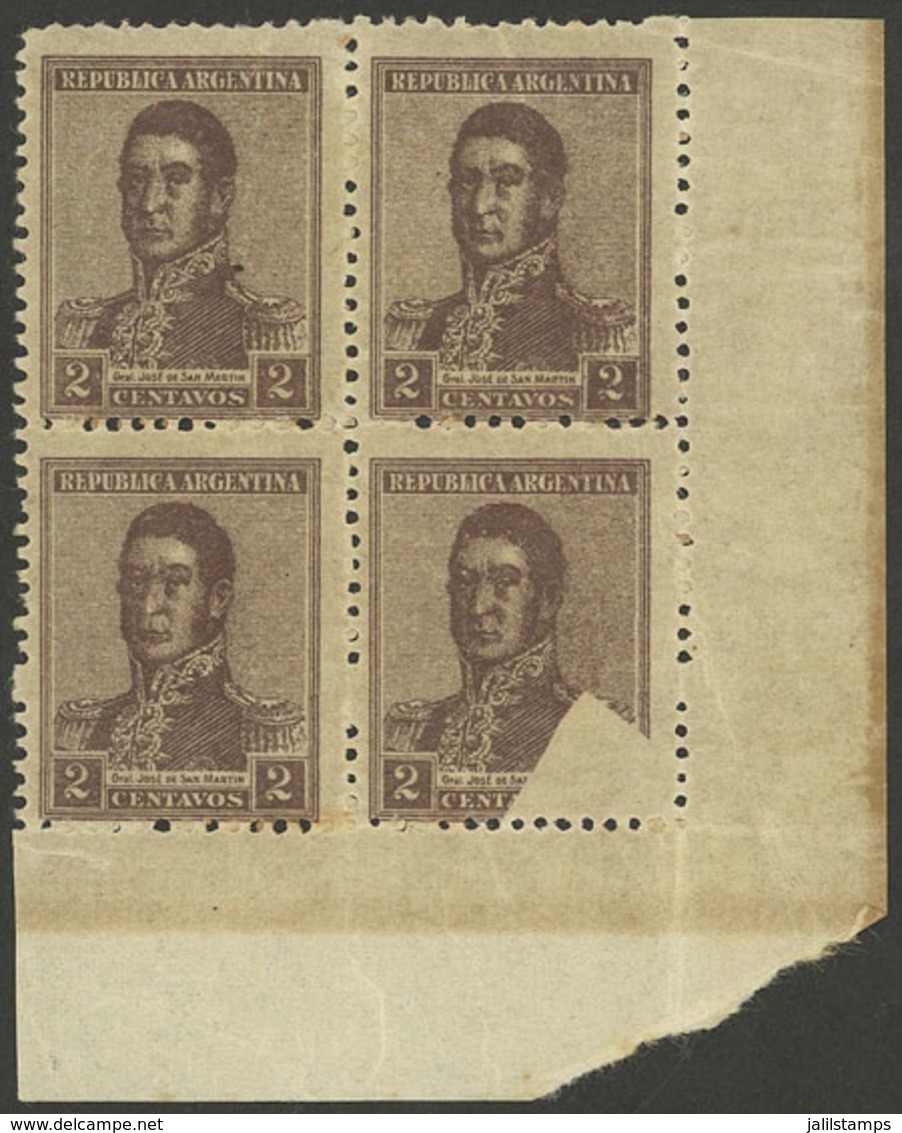 ARGENTINA: GJ.466, 1918 2c. San Martín, Corner Block Of 4, One With WHITE CORNER (partially Unprinted), VF! - Andere & Zonder Classificatie