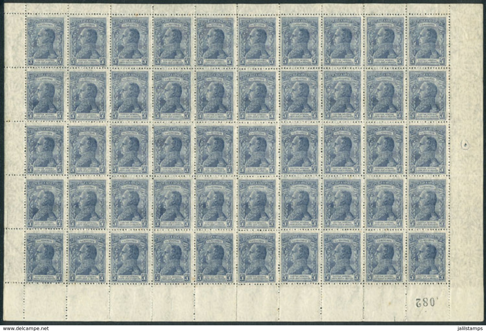 ARGENTINA: GJ.524, 1920 Urquiza, Complete Sheet Of 50 Examples, Very Fine Quality, Including Some Minor Varieties, Rare! - Autres & Non Classés