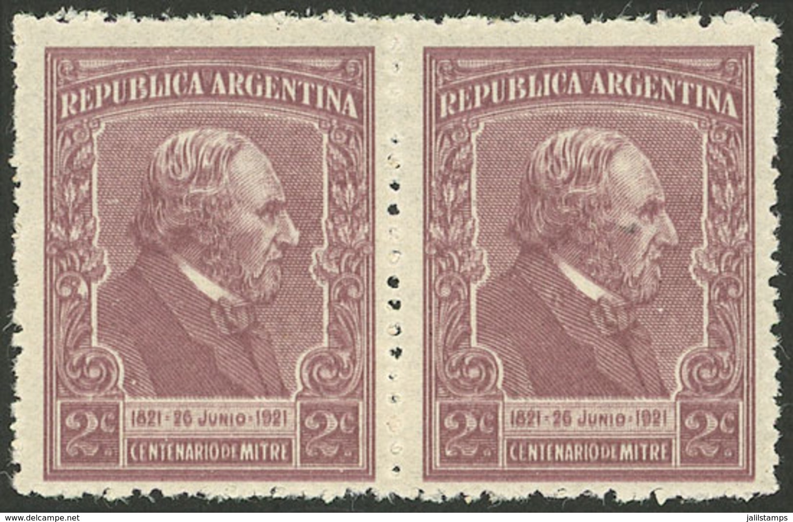 ARGENTINA: GJ.526a, 1921 2c. Mitre, Pair With DOUBLE COMPLETE IMPRESSION, MNH (+50%), VF Quality! - Autres & Non Classés