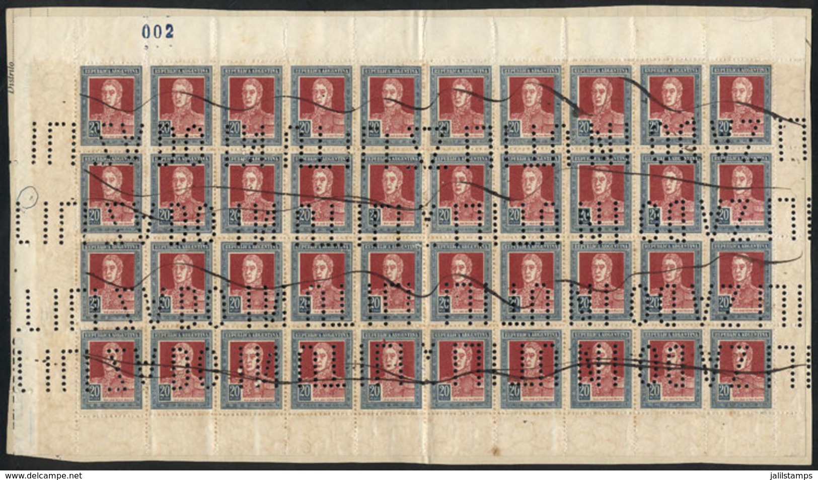 ARGENTINA: GJ.593O, 1923 20P. San Martín With Horizontal Honeycomb Wmk, Complete Sheet Of 40 Examples Glued To A Documen - Other & Unclassified