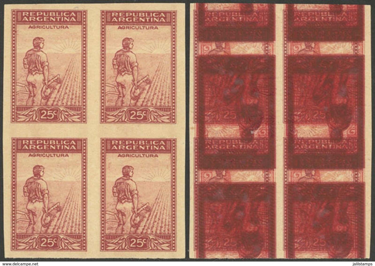 ARGENTINA: GJ.756, 1935/52 25c. Plowman, PROOF In The Issued Color, Imperf Block Of 4 Printed On Unsurfaced Paper For Sp - Sonstige & Ohne Zuordnung