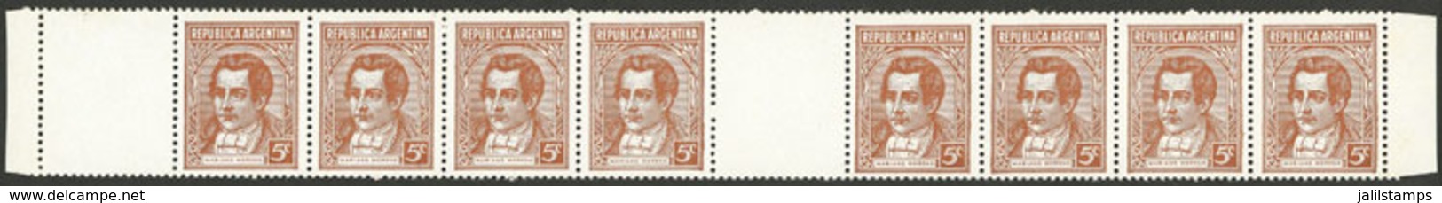 ARGENTINA: GJ.800EV + 800CB, Moreno 5c. Printed On Chalky Paper, Horizontal Strip Of 8 + Left White Label + Gutter In Th - Sonstige & Ohne Zuordnung