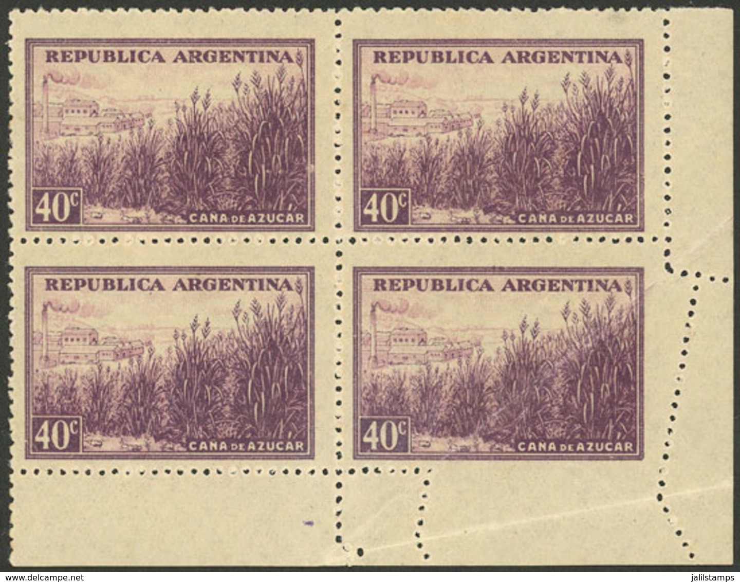 ARGENTINA: GJ.810, 40c. Sugar Cane W/o Watermark, Corner Block Of 4 With Notable Perforation Variety! - Sonstige & Ohne Zuordnung