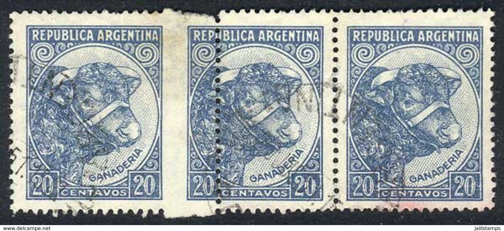 ARGENTINA: GJ.873, 1942/52 20c. Bull Small Size, Used Strip Of 3 With VARIETY: Perforation Of The Center Stamp Very Shif - Sonstige & Ohne Zuordnung