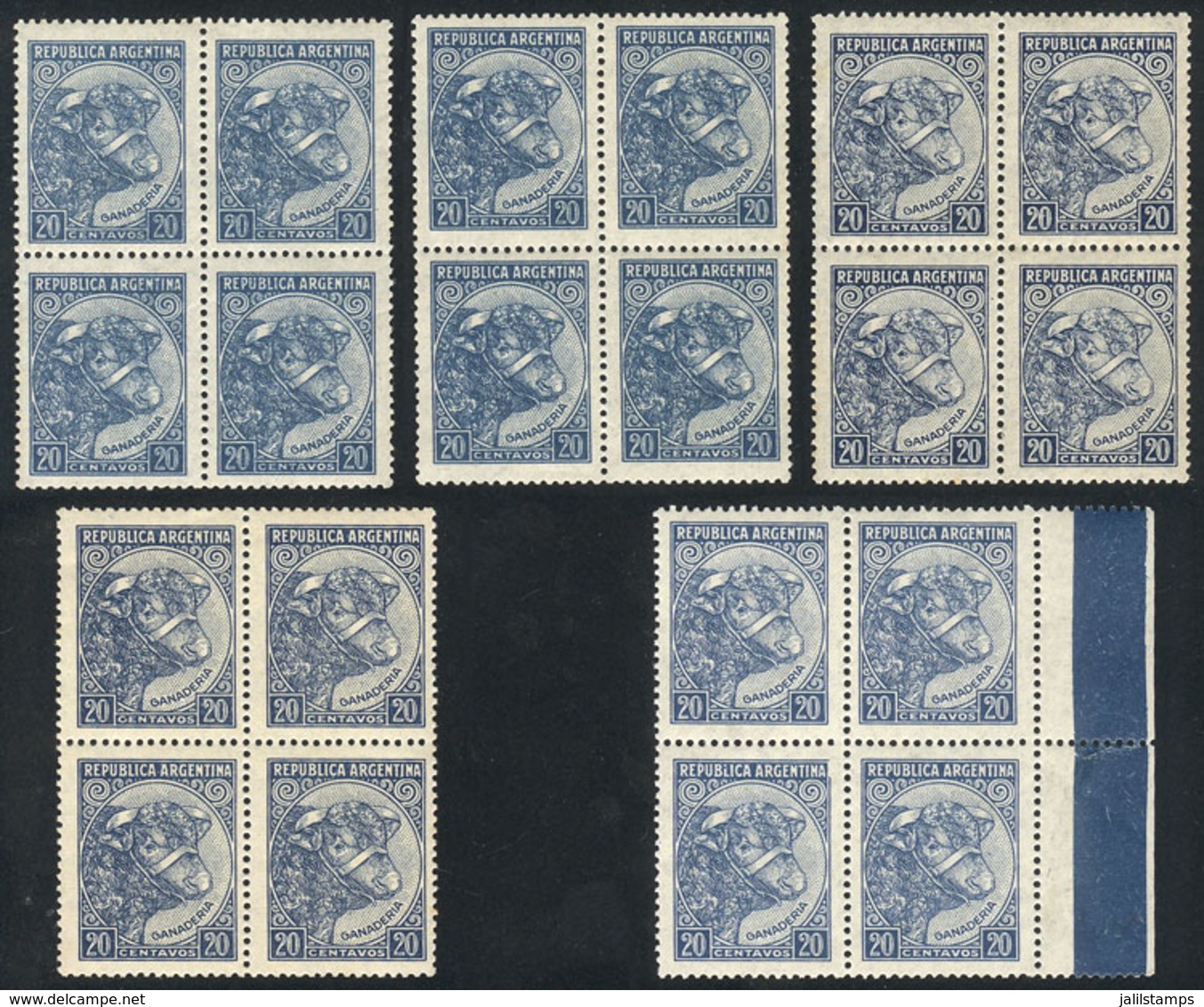 ARGENTINA: GJ.879, 5 Blocks Of 4 From Different Printings, Varied Shades And Papers (from Thin To Very Thick), Interesti - Autres & Non Classés