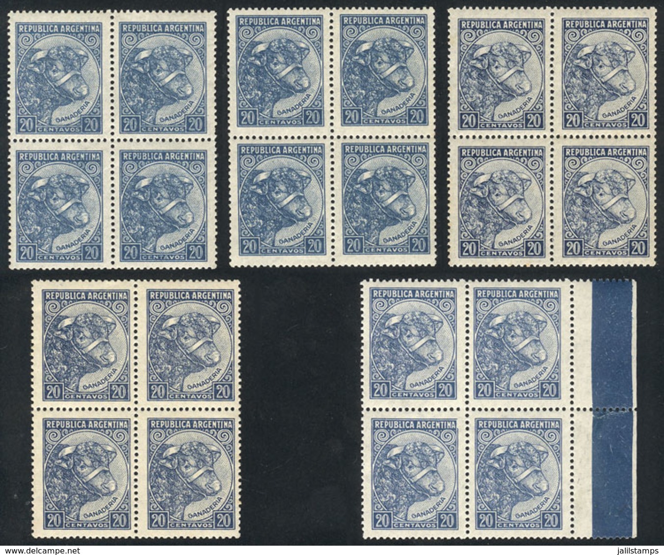 ARGENTINA: GJ.879, 5 Blocks Of 4 From Different Printings, Varied Shades And Papers (from Thin To Very Thick), Interesti - Other & Unclassified
