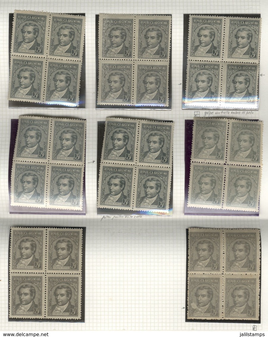 ARGENTINA: GJ.889, 3c. Moreno W/o Watermark, Album Page With 8 Mint Blocks Of 4 With A Wide Range Of Shades, Papers And  - Autres & Non Classés