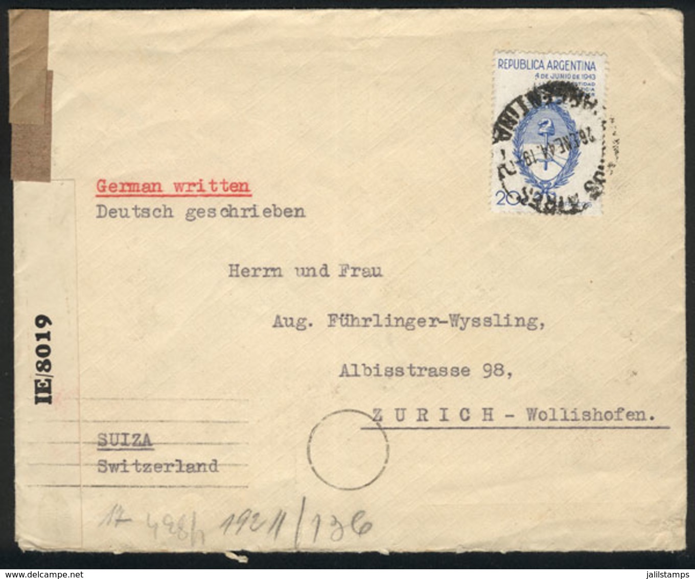 ARGENTINA: GJ.898 Franking ALONE A Cover Sent From B.Aires To Switzerland On 26/JA/1944, With English And German Censor  - Sonstige & Ohne Zuordnung