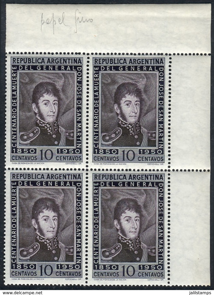 ARGENTINA: GJ.976A, 1950 10c. San Martín, Block Of 4 Printed On GLAZED PAPER, VF Quality! - Andere & Zonder Classificatie