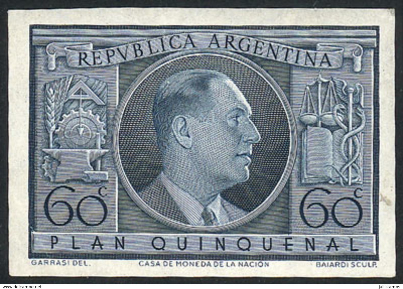 ARGENTINA: GJ.1000ZA, 1951 Unissued Stamp Of Juan Perón Printed On Chalky Paper, In Green-blue, VF Quality! - Other & Unclassified