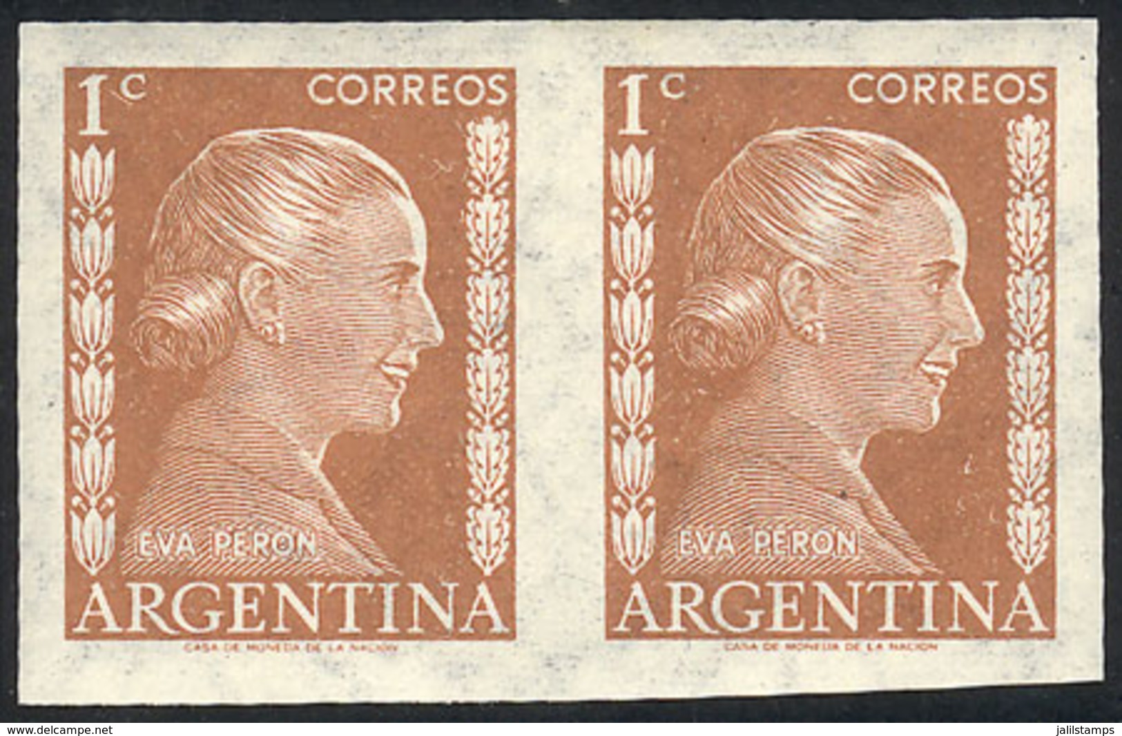 ARGENTINA: GJ.1003P, Eva Perón 1c., IMPERFORATE PAIR, Mint With Tiny Hinge Mark (it Appears To Be MNH) - Andere & Zonder Classificatie