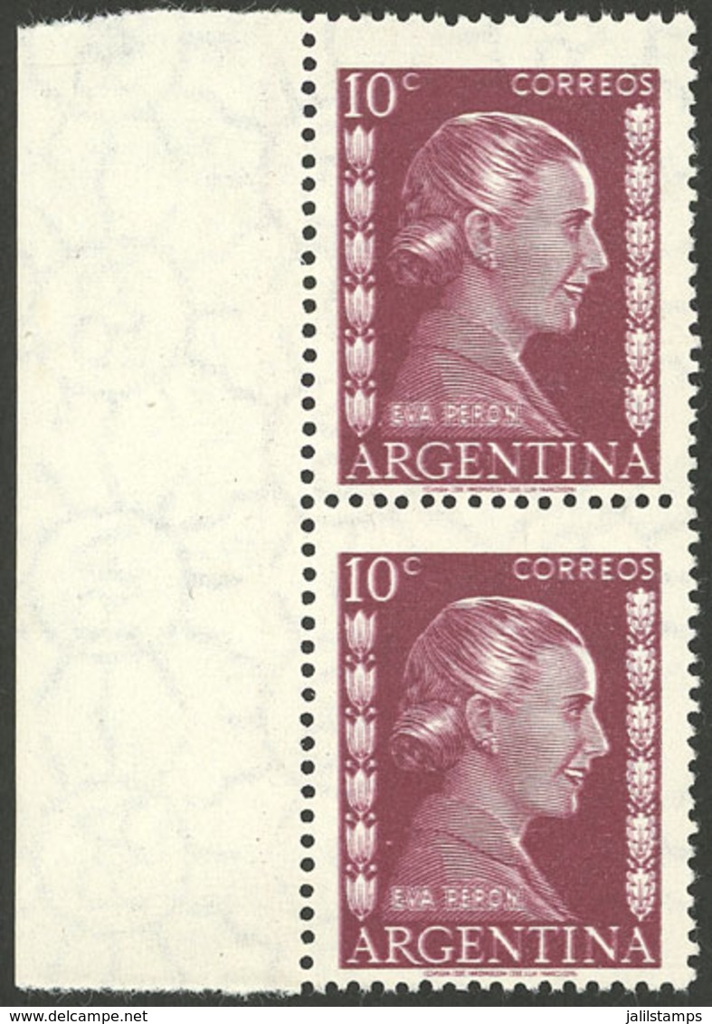 ARGENTINA: GJ.1005a, 1952 10c. Eva Perón, Spectacular Pair With Notable COMPLETE DOUBLE IMPRESSION, Superb! - Sonstige & Ohne Zuordnung