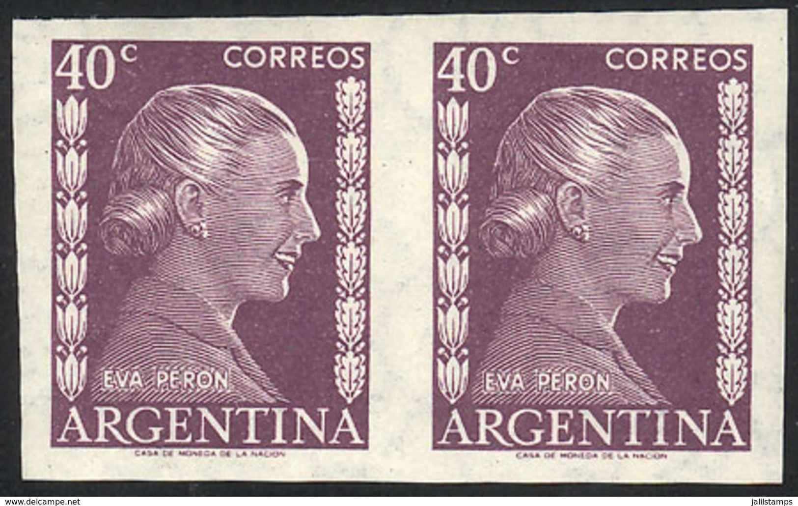 ARGENTINA: GJ.1008P, Eva Perón 40c., IMPERFORATE PAIR, Mint With Tiny Hinge Mark (it Appears To Be MNH) - Altri & Non Classificati