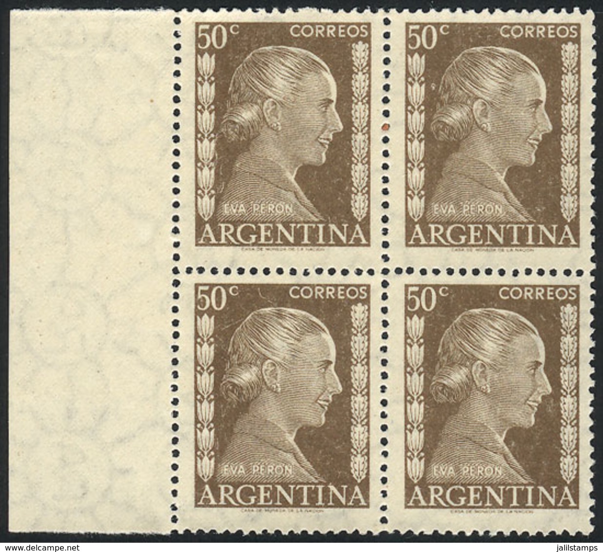 ARGENTINA: GJ.1010SG, 50c. Eva Perón, Block Of 4 PRINTED ON GUM, Excellent Quality! - Autres & Non Classés