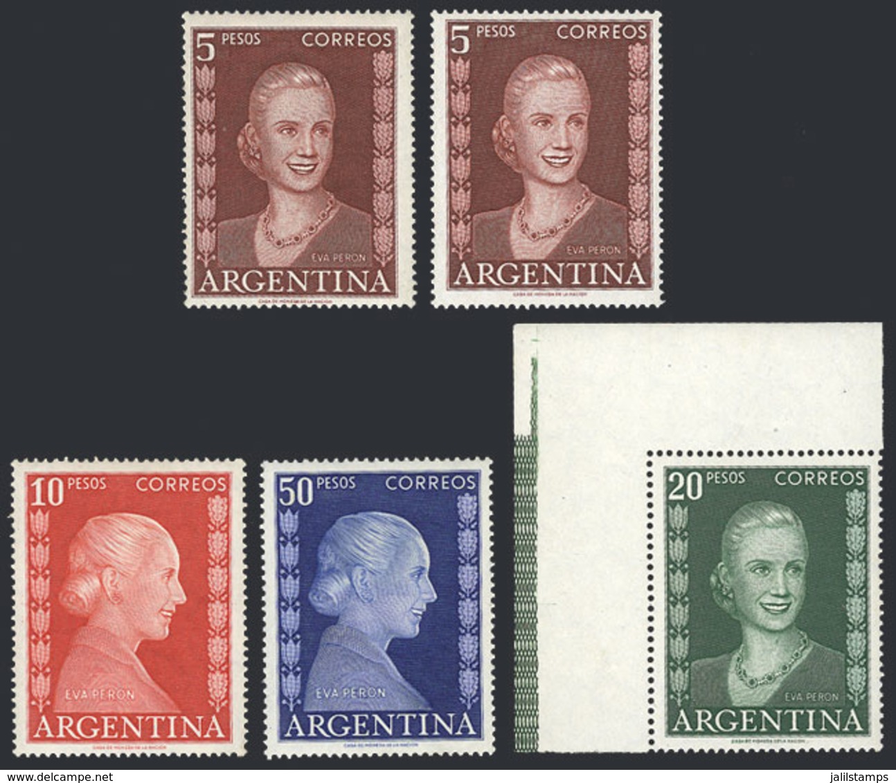 ARGENTINA: GJ.1019/1022, High Values Of The Eva Perón Set, MNH (the 10P. With Small Hinge Mark), The 5P. Value On 2 Pape - Sonstige & Ohne Zuordnung