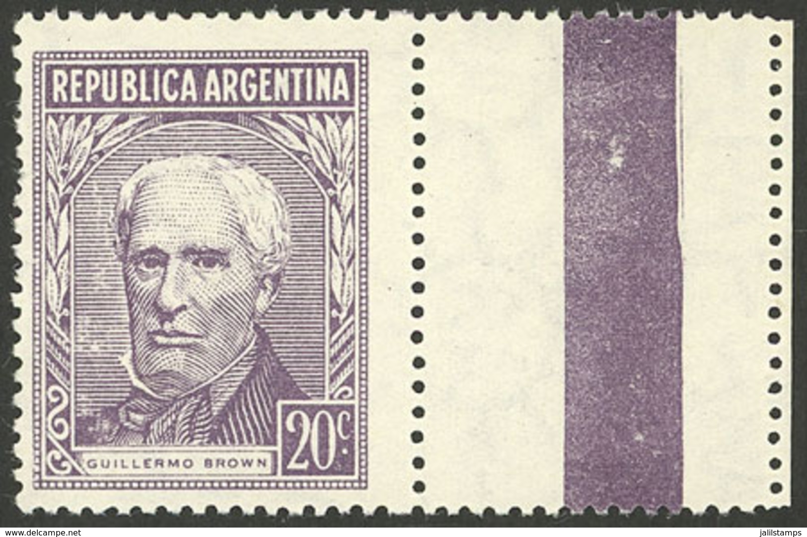 ARGENTINA: GJ.1037dCD, 1954/7 20c. Brown Type B, Gaufré Paper ('gofrado') And WITH LABEL AT RIGHT, VF Quality! - Andere & Zonder Classificatie